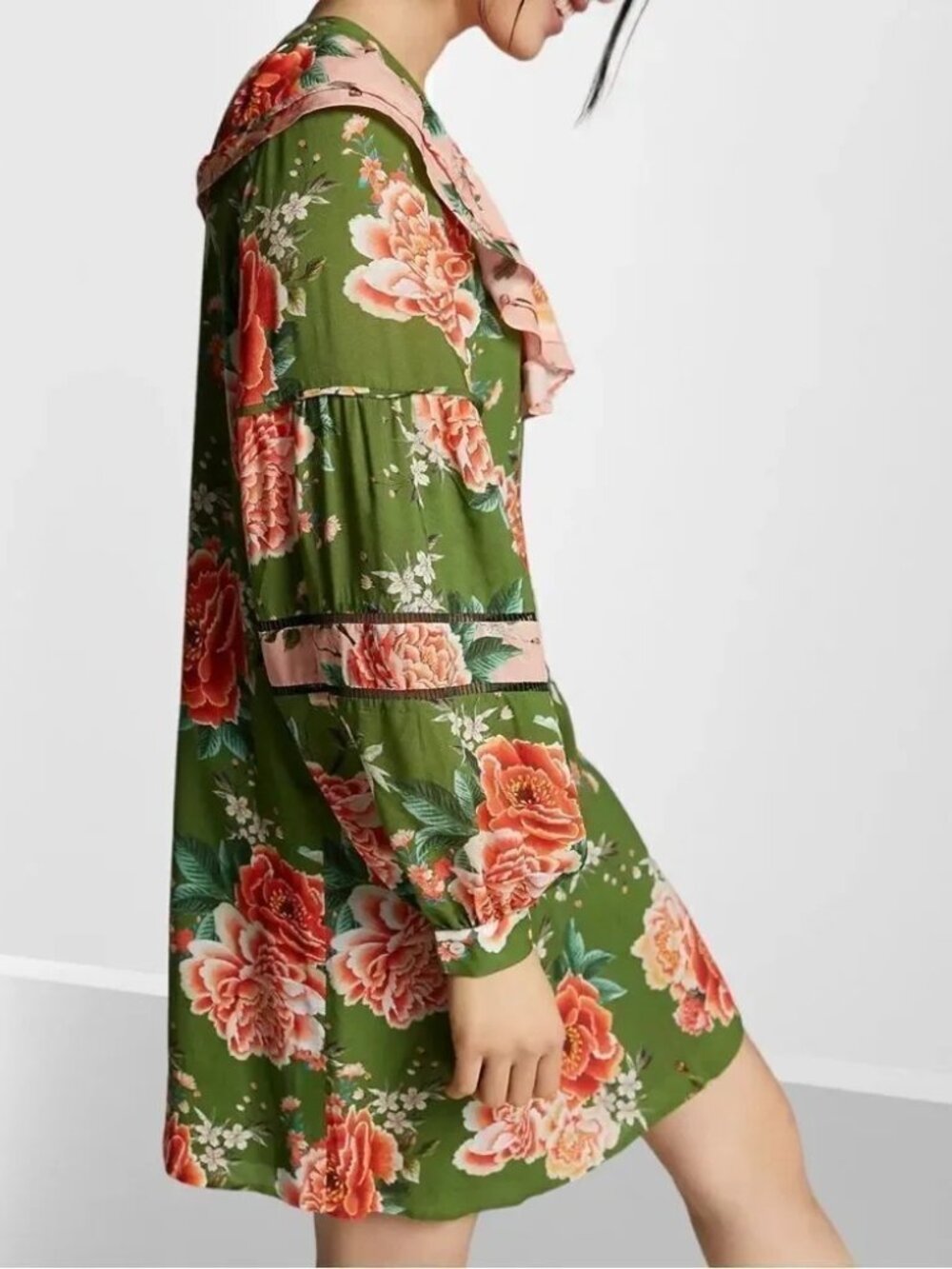 Anthropologie FARM RIO Elinor Floral Green & Peach Ruffle Colorful Tunic Dress - Picture 3 of 12
